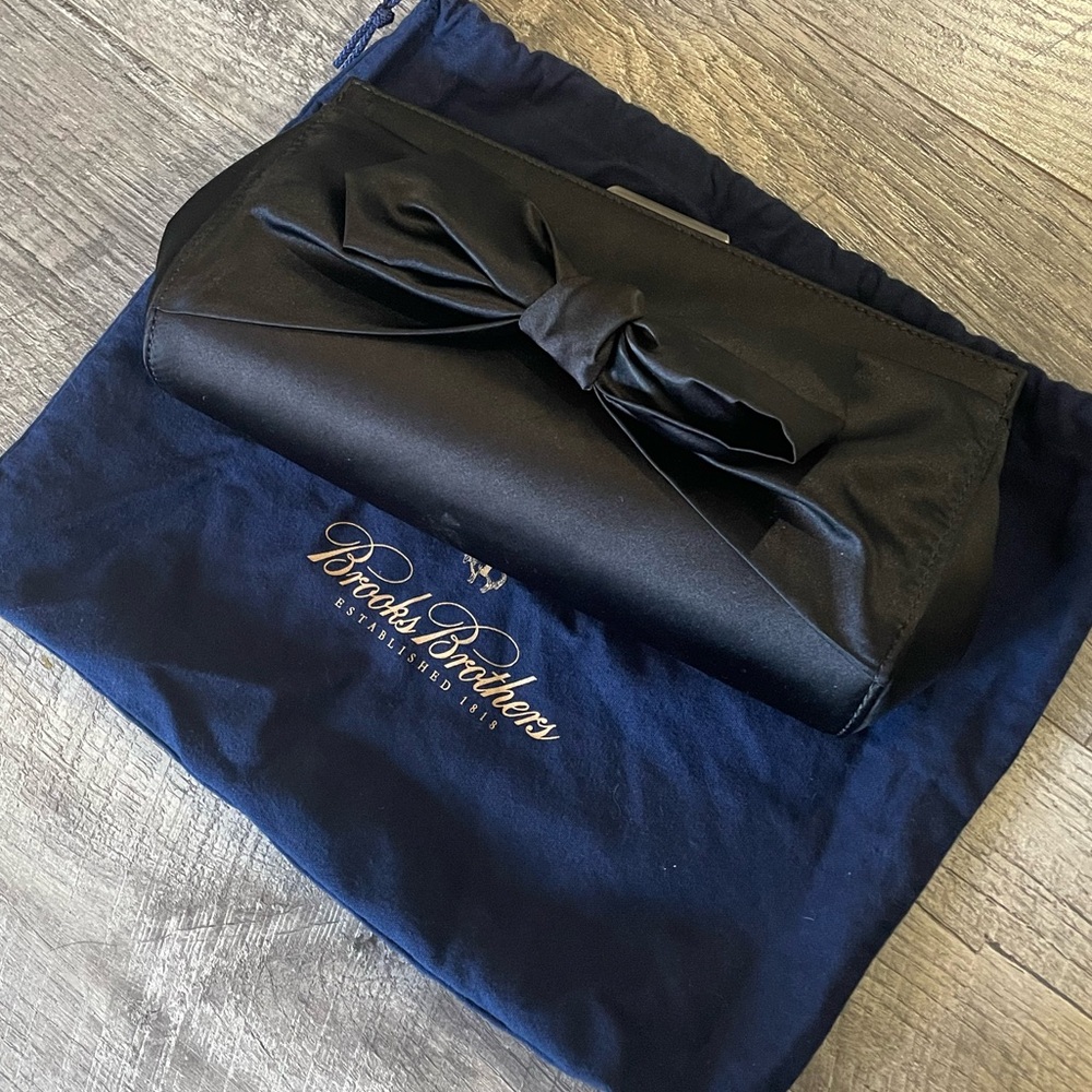 Used great condition Brooks Brothers black satin bow clutch purse dust bag incl